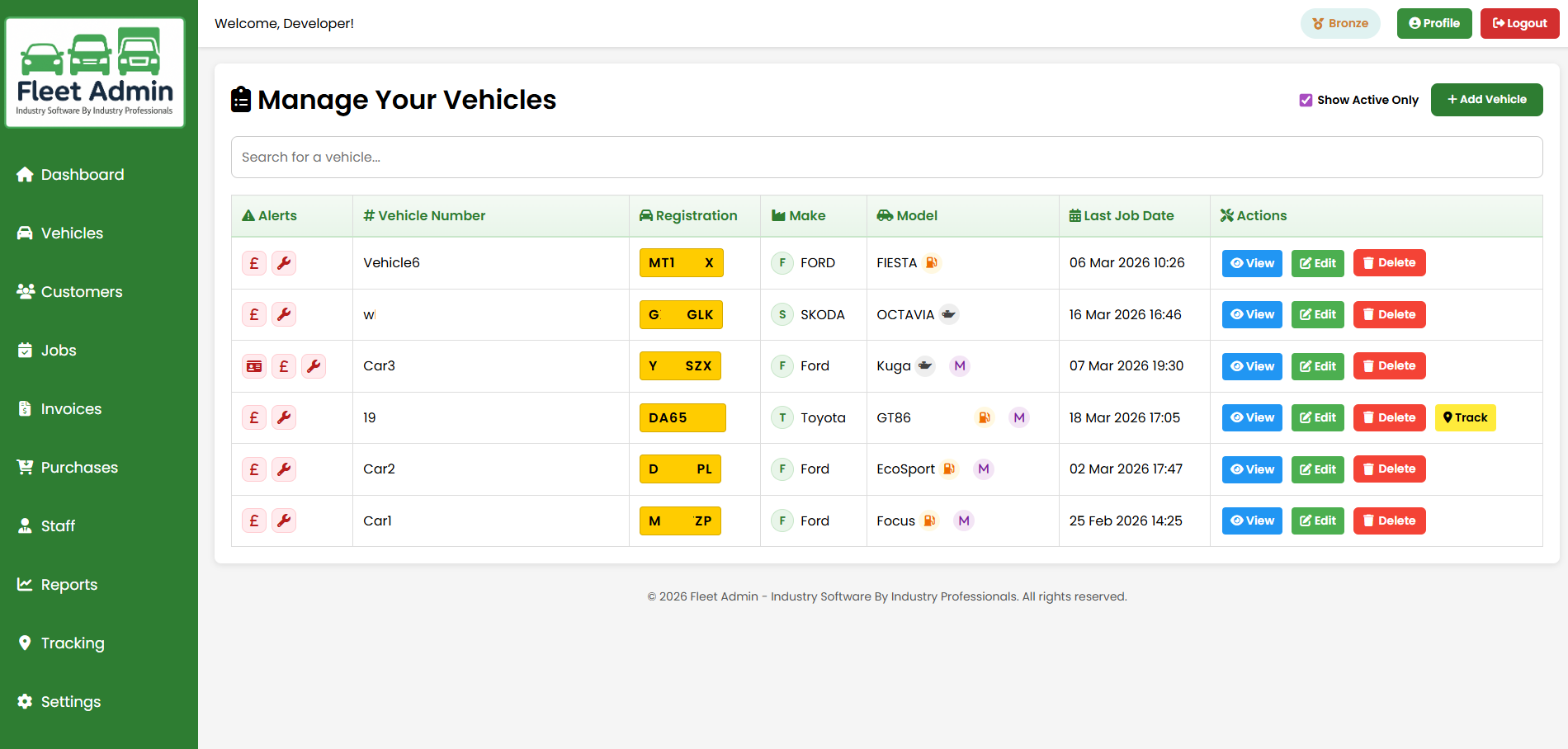 Garage vehicle management software screen