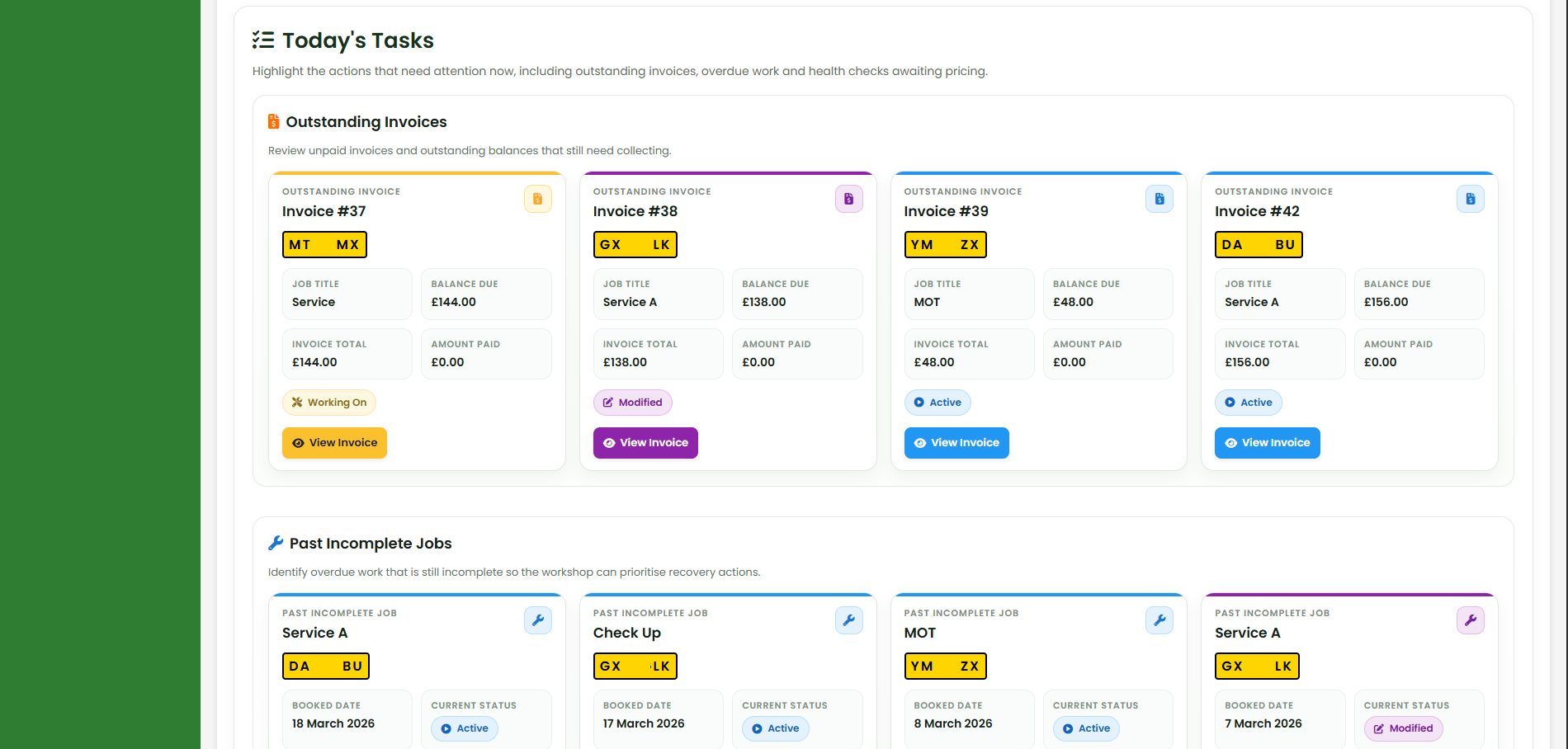 Garage task management software screen